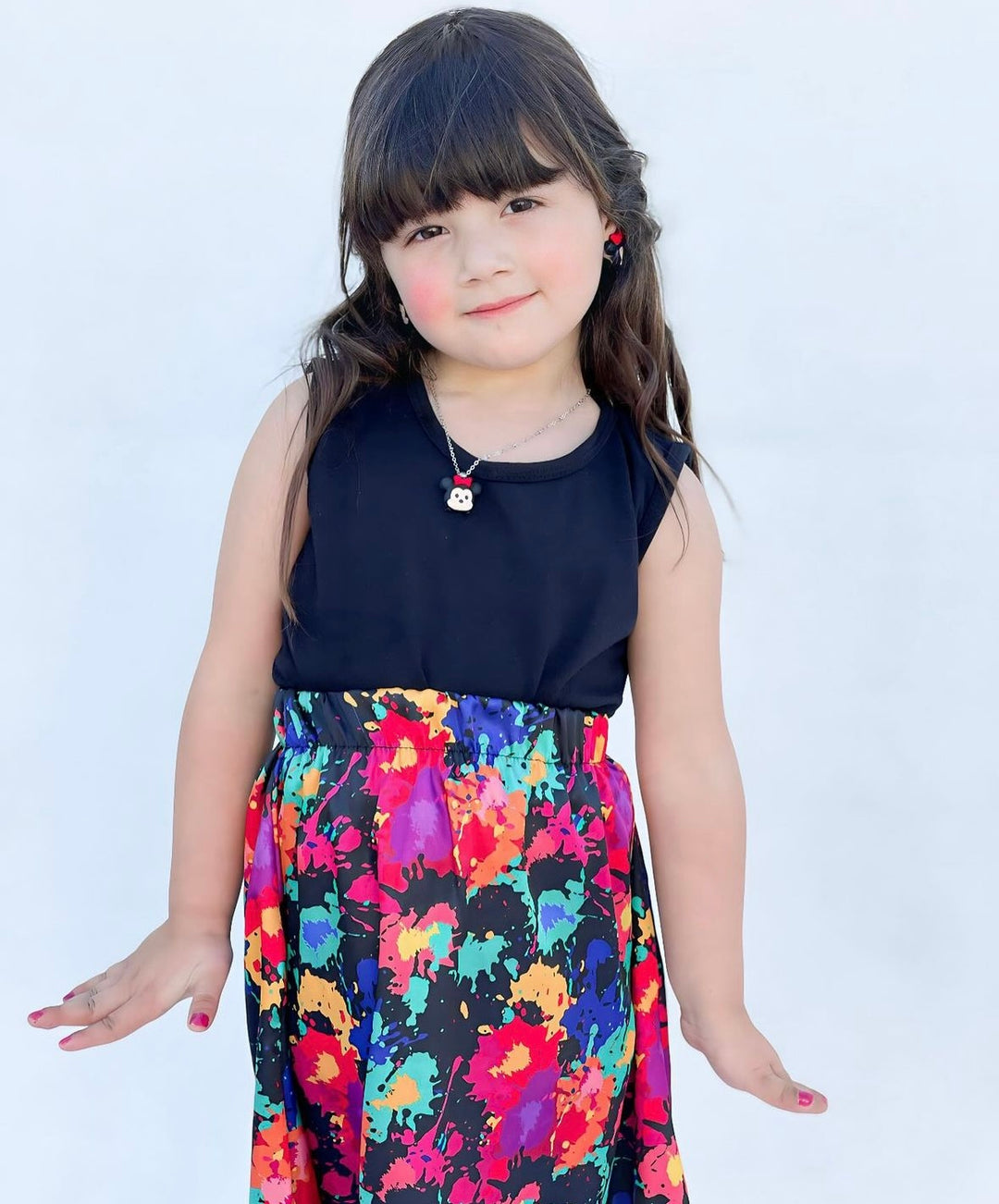 Baby girl black top with multi tie dye style printed skirt - #120