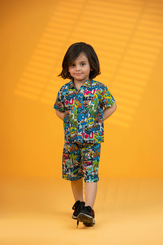 Baby/boy summer blue graphics cartoon style printed shirt and short - #SH-729