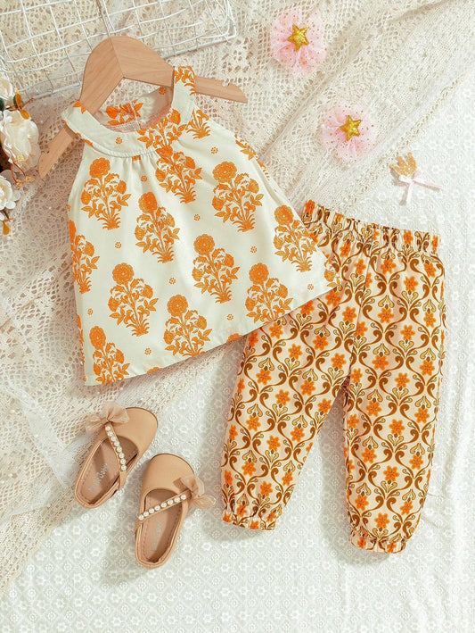 Baby girl summer new graphic printed style top and pant - #SH-734