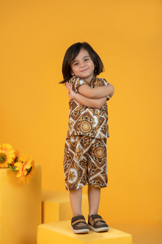 Baby/boy summer white and golden printed style shirt and short - #SH-731