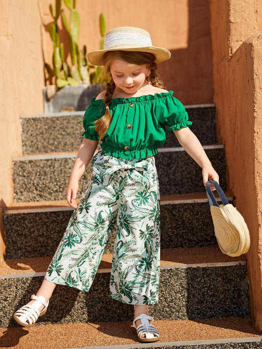 Baby girl green button style ruffle top with printed pant - #SH-718