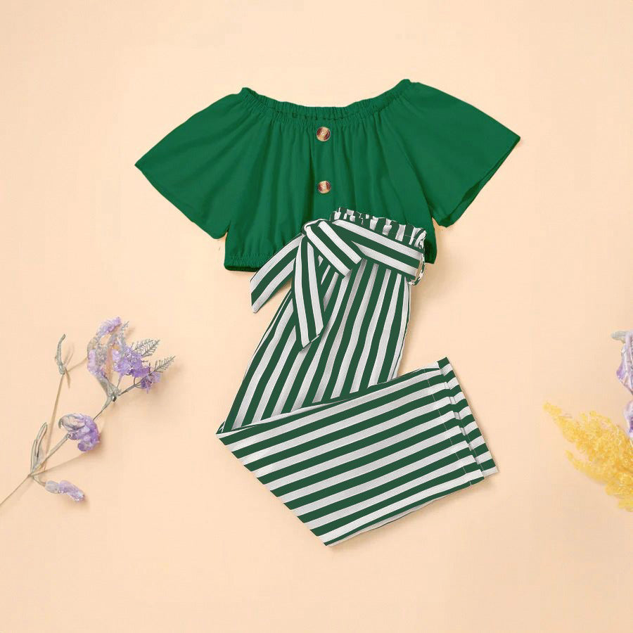 Baby girl green ruffle shoulder top with green and white lining pant - #131