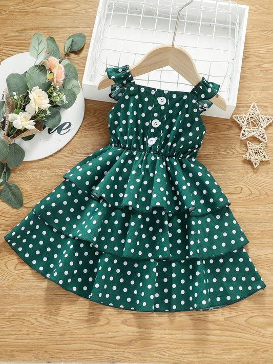 Baby girl green polka dot printed flare style dress - #SH-712