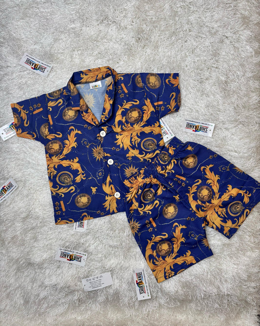 Baby/boy summer Navy blue and golden printed style shirt and short - #SH-730