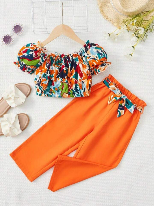 Baby girl multi printed top with orange pant - #SH-709