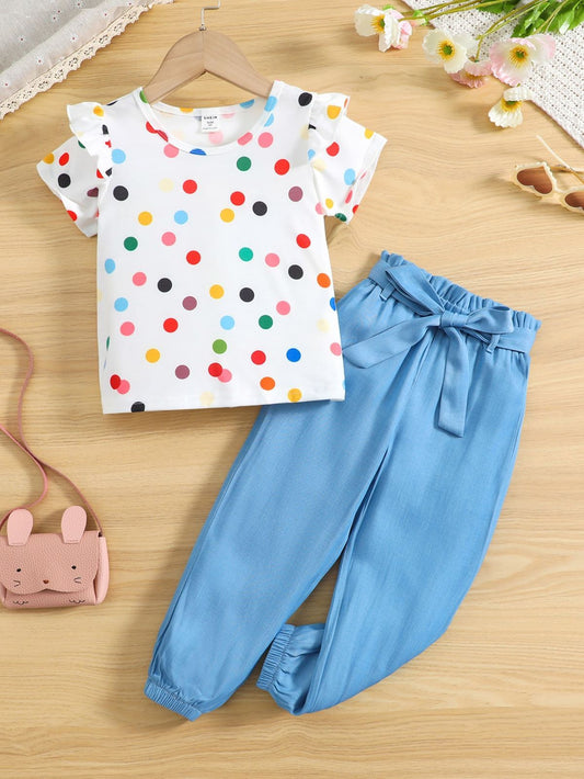 Baby girl multi polka dot style top with blue pant - #SH-703