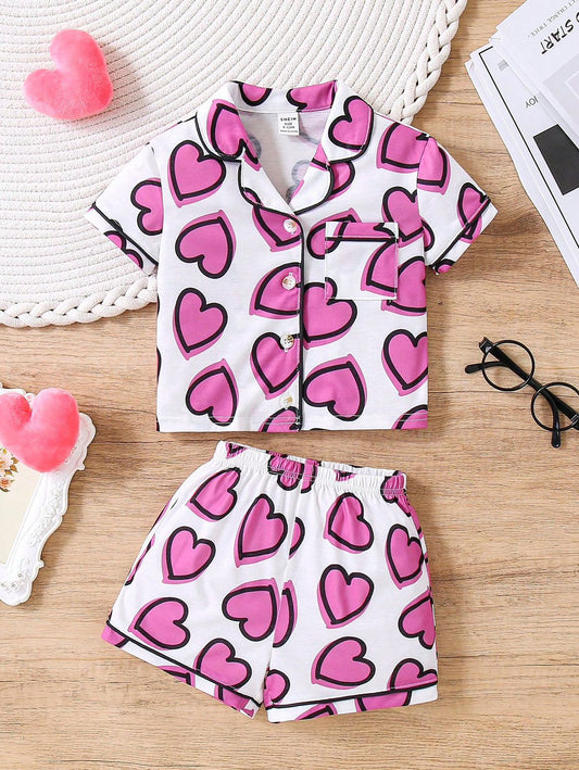 Baby girl pink heart printed short style kids sleepwear set - #NS14