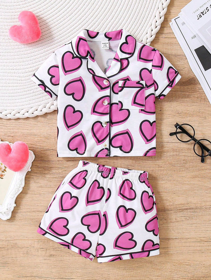 Baby girl pink heart printed short style kids sleepwear set - #NS14