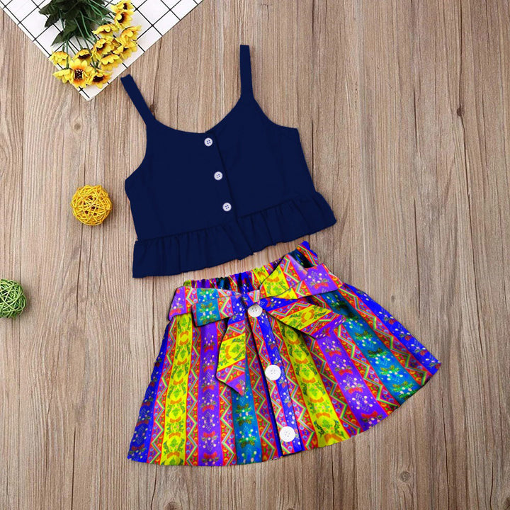 Baby girl blue top with truck art multi printed skirt