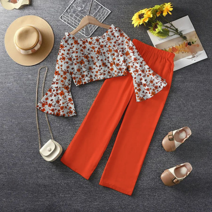 Baby girl orange floral style top with orange basic pant - #138