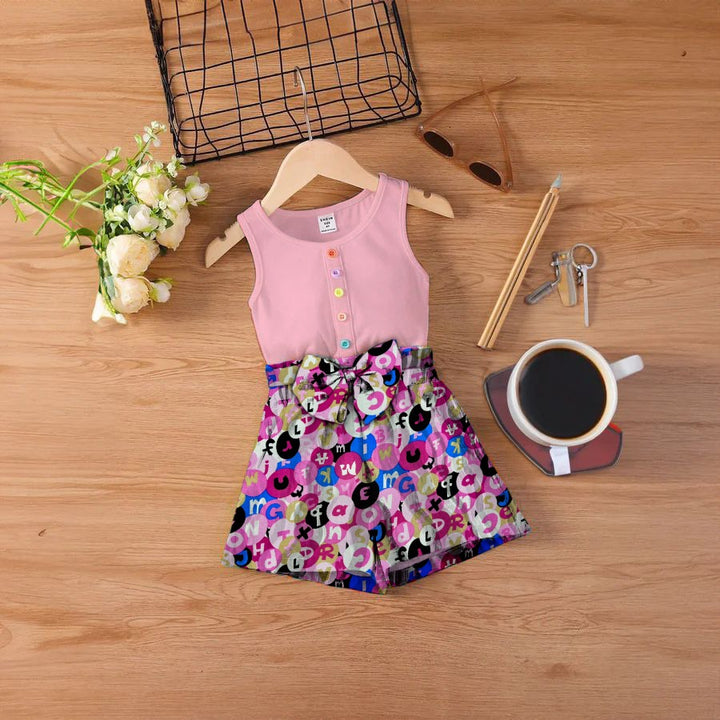 Baby girl pink top with multi printed short - #139