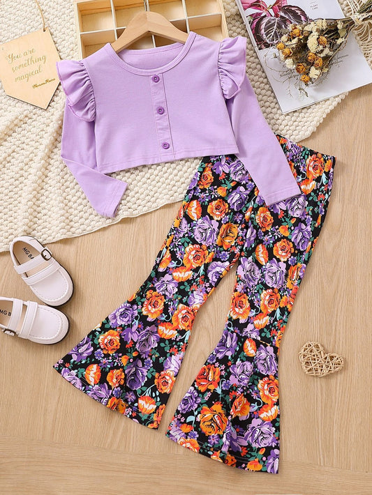 Baby girl purple button style top with multi printed flare style pant - #SH-720