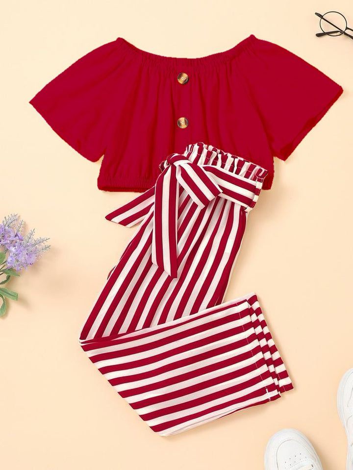 Baby girl red ruffle shoulder top with red and white lining pant - # 130