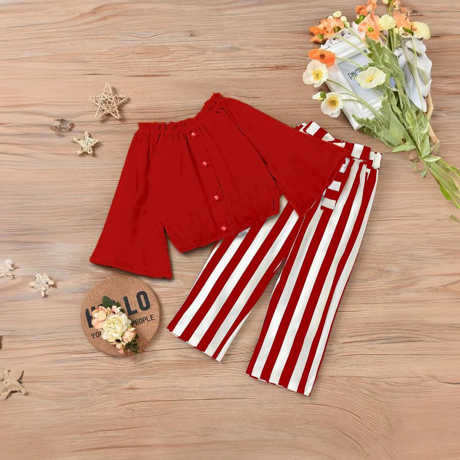 Baby girl red top with red and white lining pant - #133