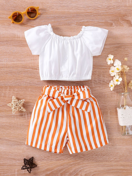 Baby girl white top with orange lining short - #SH-708