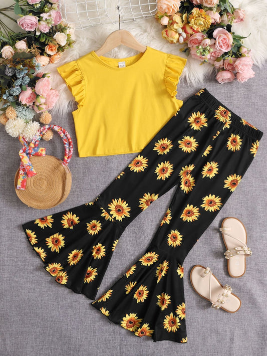 Baby girl yellow trim top with sunflower printed flare style pant - #SH-717