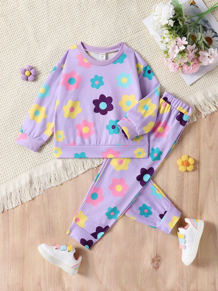 Baby girl lavender floral style printed winter fleece tracksuit