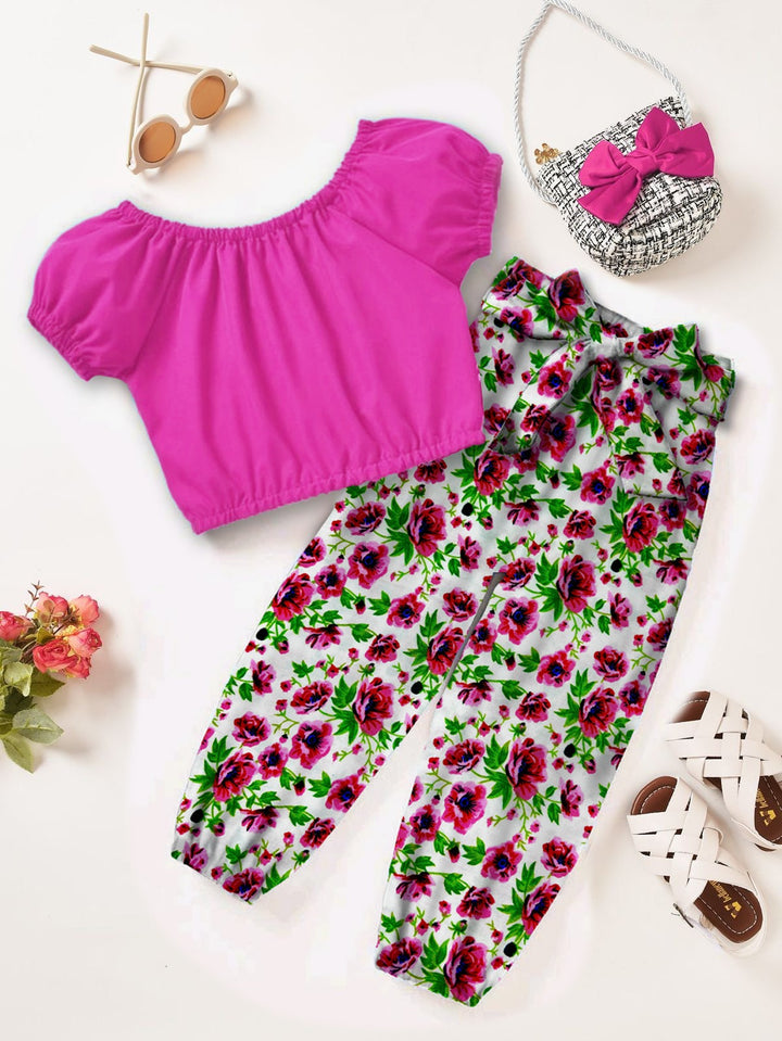 Baby girl pink top with floral printed pant - #132