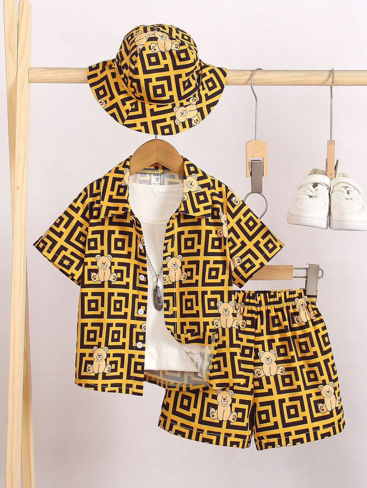 Baby/boy mustard and black printed style kids short and shirt - #SS513