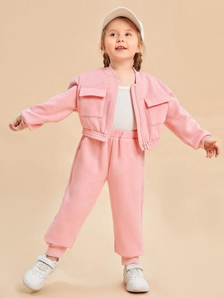 Baby girl pink zipper style winter fleece tracksuit - #WS00-07