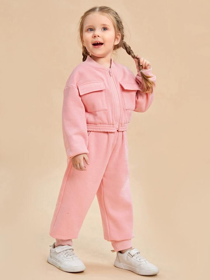 Baby girl pink zipper style winter fleece tracksuit - #WS00-07