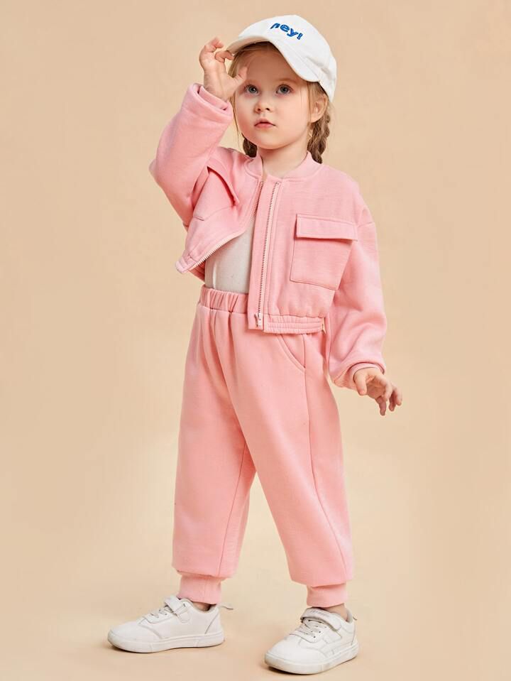 Baby girl pink zipper style winter fleece tracksuit - #WS00-07