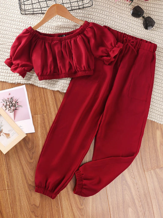 Baby girl ruffle style puff sleeves top with basic style pant - #SH-721