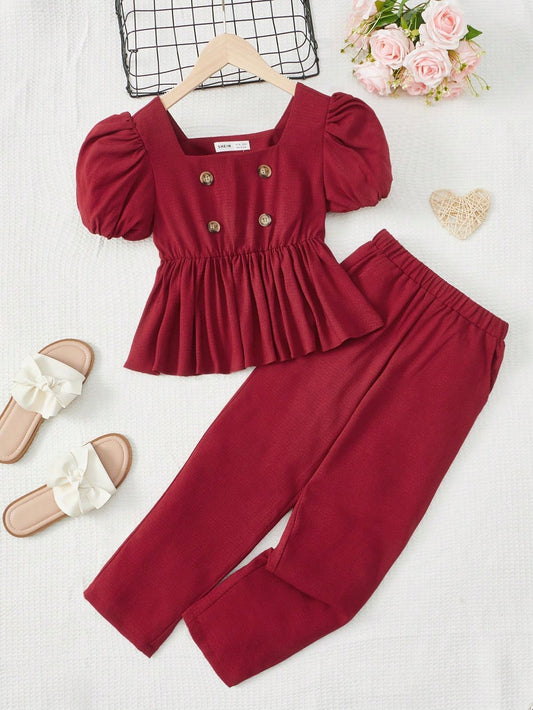 Baby girl maroon flare style button top with basic pant - #SH-722