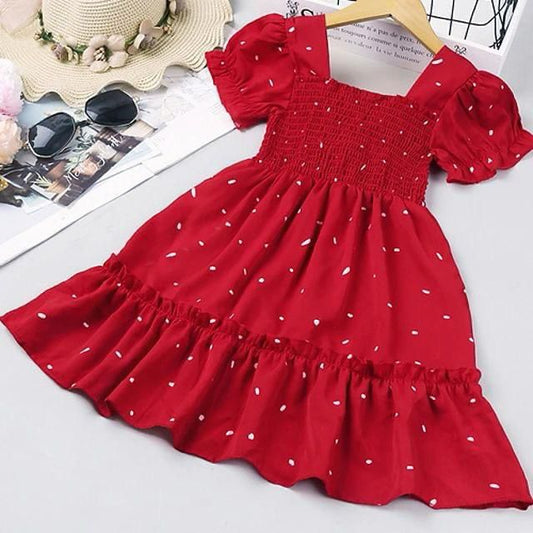 Baby girl red bubbled sleeves style pleated polka dot dress - #SH-724