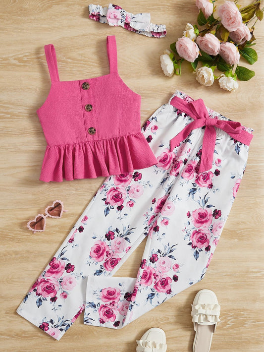 Baby girl pink button style top with printed pant - #SH-726