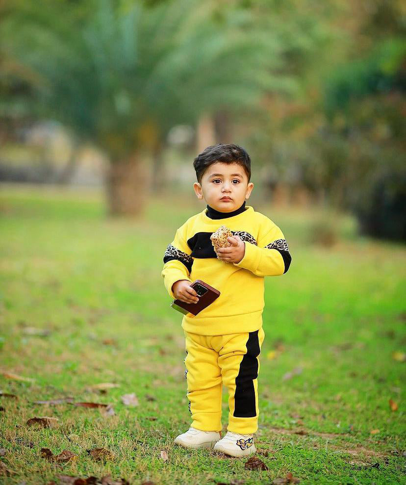 Baby/boy yellow cheetah panel style winter fleece tracksuit