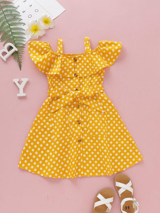 Baby girl yellow polka dot printed style dress - #SH-705