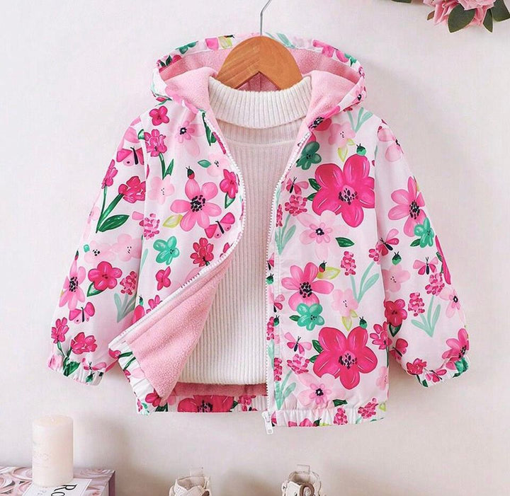 Baby girl multi floral printed style winter fleece zip-up hoodie - #Z-0087