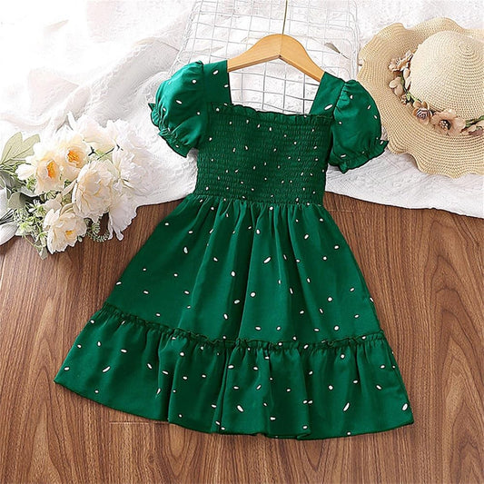 Baby girl bottle green bubbled sleeves style pleated polka dot dress - #SH-723