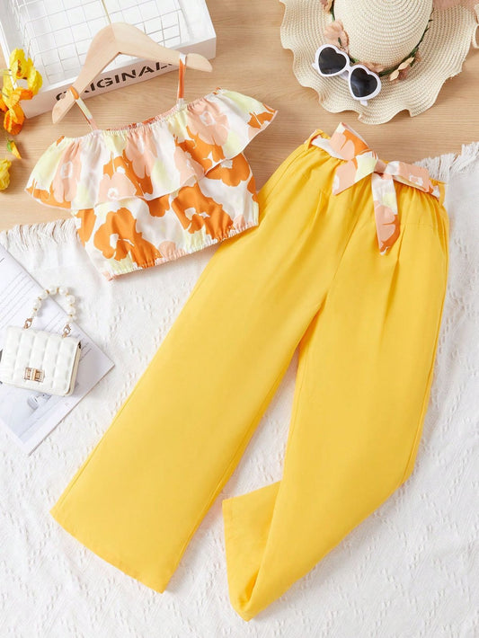 Baby girl floral style printed top with yellow pant - #SH-706