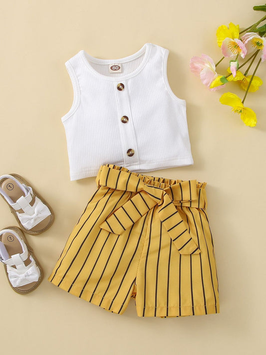 Baby girl white ribbed button style top with mustard printed short - #SH-719