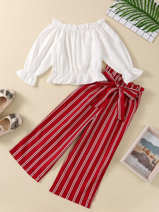 Baby girl white ruffle trim top with red lining pant - #SH-716