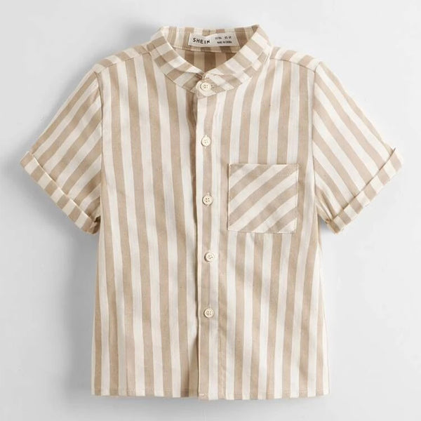 Toddler boy brown and white lining button shirt